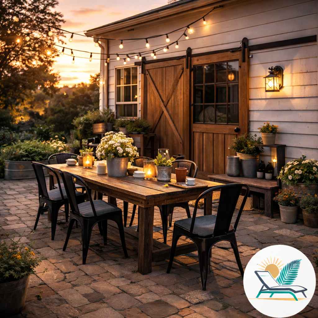 Farmhouse Patio Ideas – Rustic Wood and Metal Accents